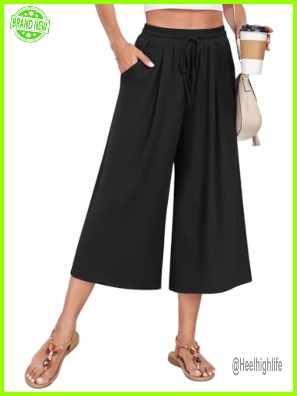 Womens High Waist Wide Leg Capri Pants with Pockets